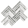 Polished Calacatta Bluette and Thassos White chevron mosaic tile in 13x16 size, 7.24 sq ft per case