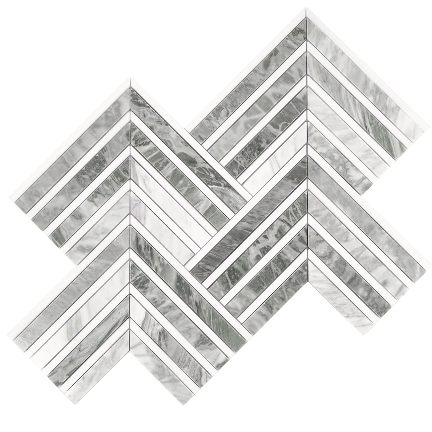 Polished Calacatta Bluette and Thassos White chevron mosaic tile in 13x16 size, 7.24 sq ft per case