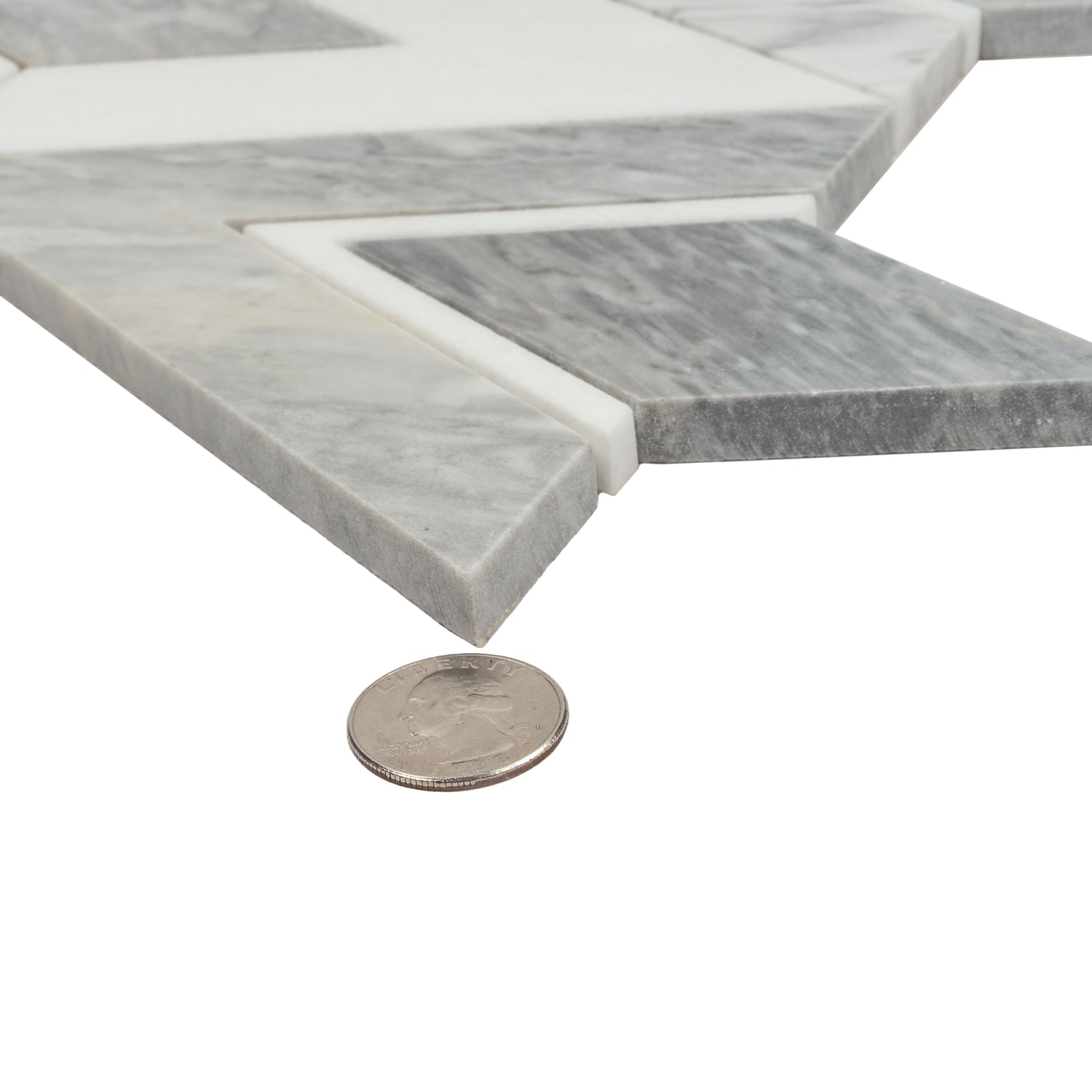 close-up of polished Calacatta Bluette and Thassos White diamond mosaic tile with marble finish