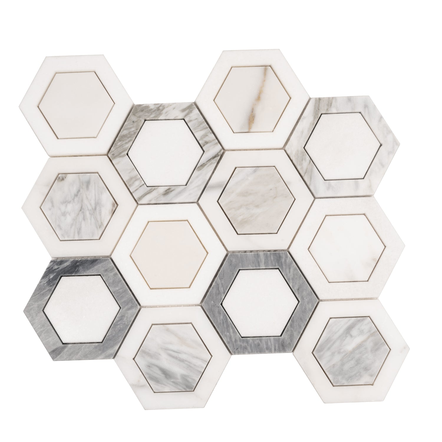 Polished Calacatta Bluette and Thassos White geometric hexagon mosaic tile with varied marble patterns