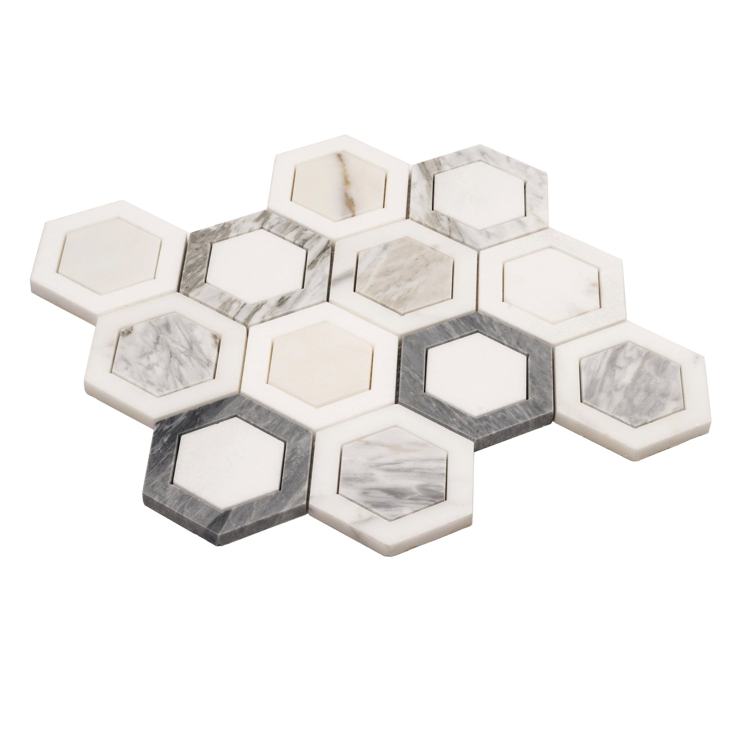 polished calacatta bluette and thassos white geometric hexagon mosaic tiles with mixed marble patterns