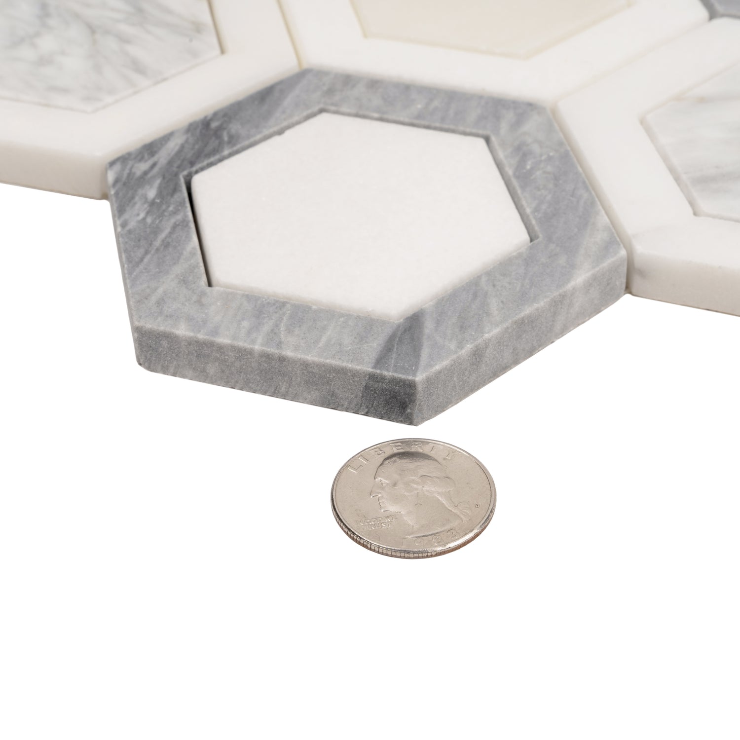 Calacatta Bluette Thassos White polished hexagon mosaic tile with geometric pattern 10x11 inches