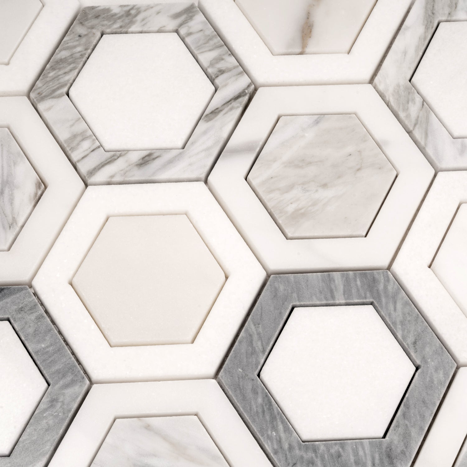 polished calacatta bluette and thassos white marble hexagon mosaic tile with geometric design