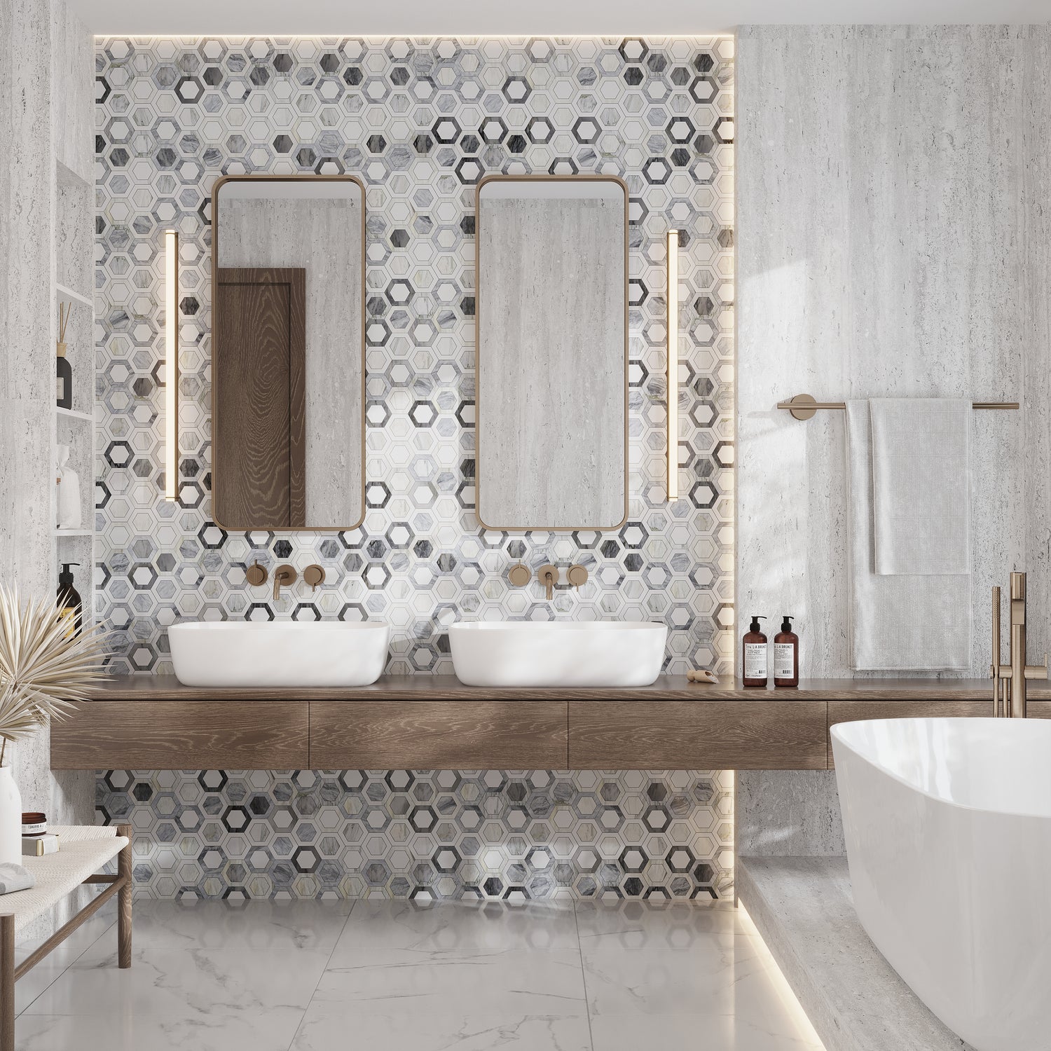 Polished geometric hexagon mosaic tile in Calacatta Bluette and Thassos White for stylish bathroom wall
