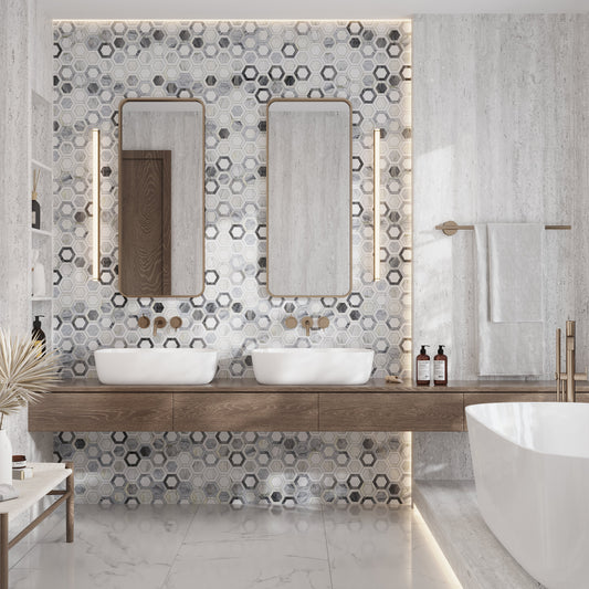 Sample-Calacatta Bluette, Thassos White 10x11 Polished Geometric Hexagon Mosaic Tile (3.74 sq ft/case, 5-Pack)