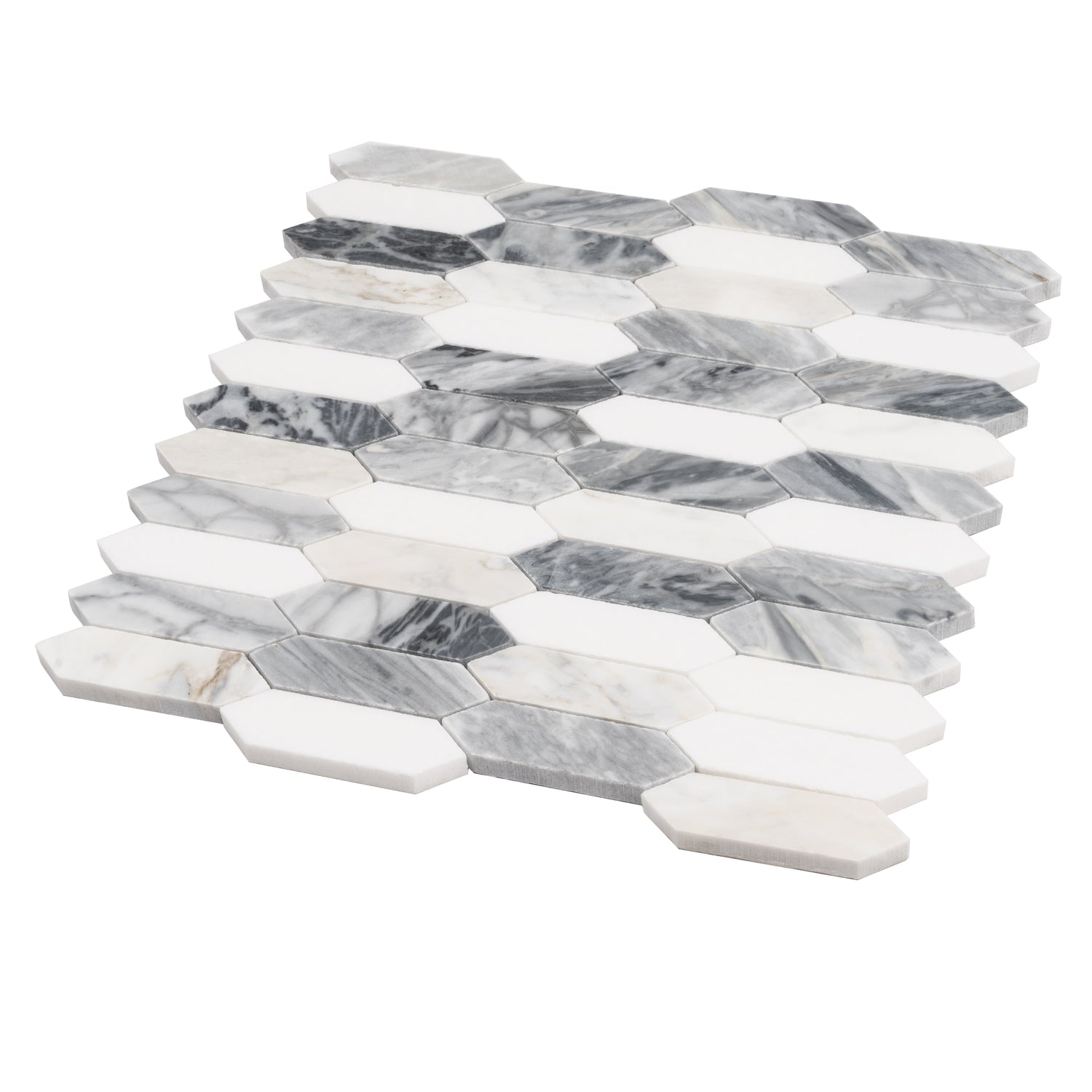 Calacatta Bluette and Thassos White polished picket mosaic tile with 12x12 inch sheet in natural marble finish