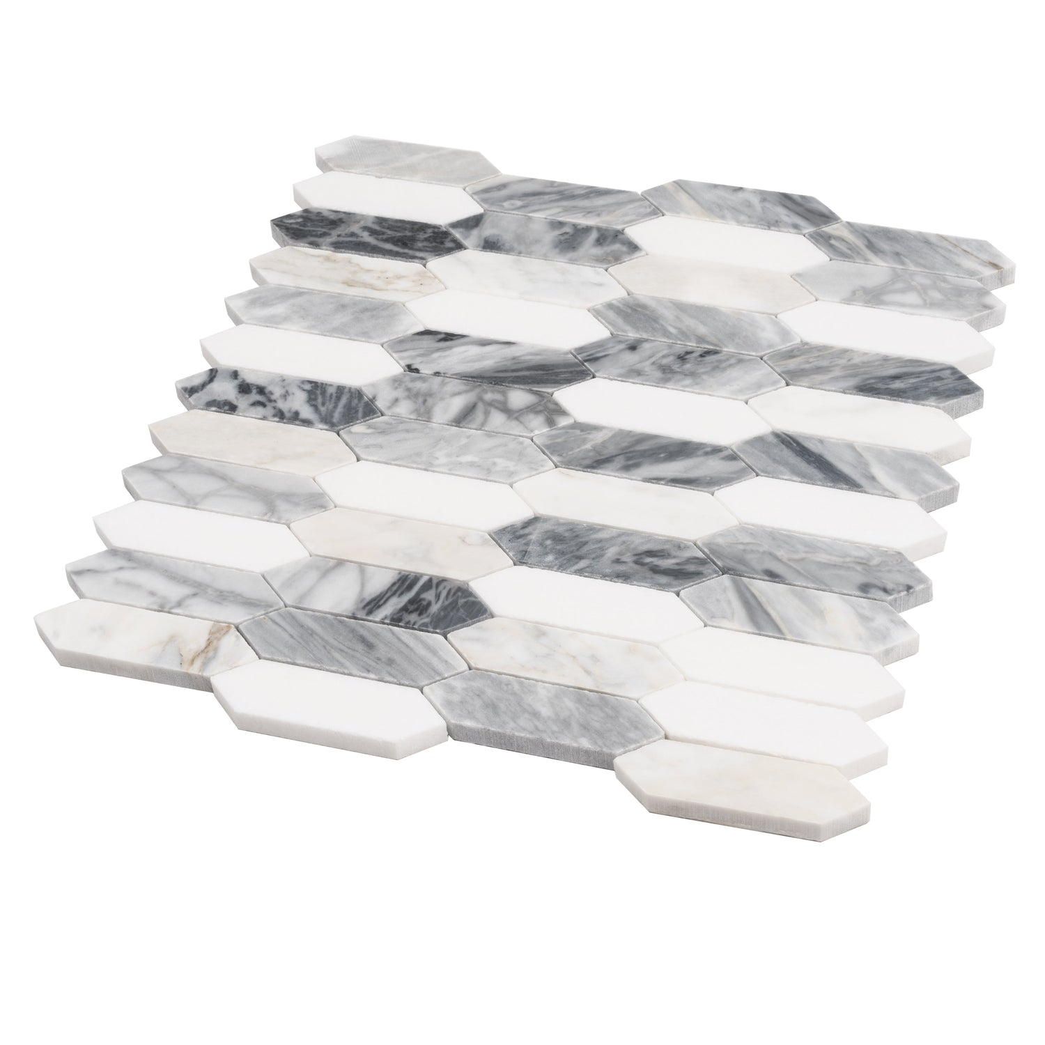 Sample - Calacatta Bluette, Thassos White 12x12 Polished Picket Mosaic Tile (4.91 sq ft/case, 5-Pack)