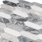 Calacatta Bluette and Thassos White polished picket mosaic tile with gray and white marble patterns