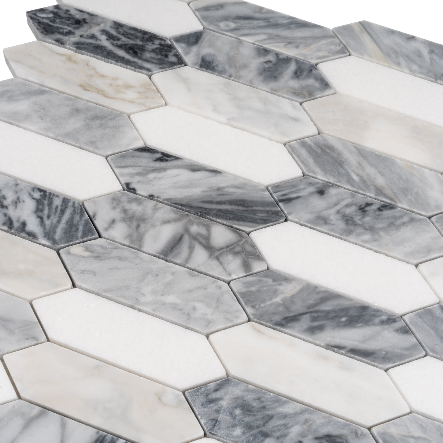 Calacatta Bluette and Thassos White polished picket mosaic tile with gray and white marble patterns