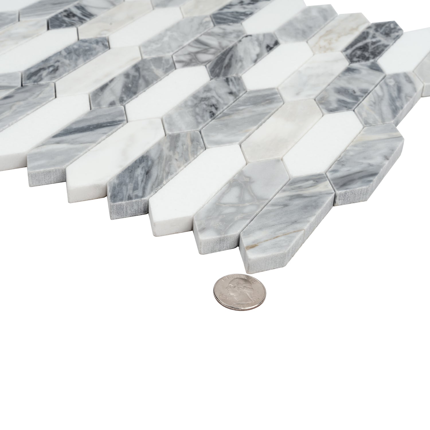 Calacatta Bluette and Thassos White polished picket mosaic tiles with gray veining 12x12
