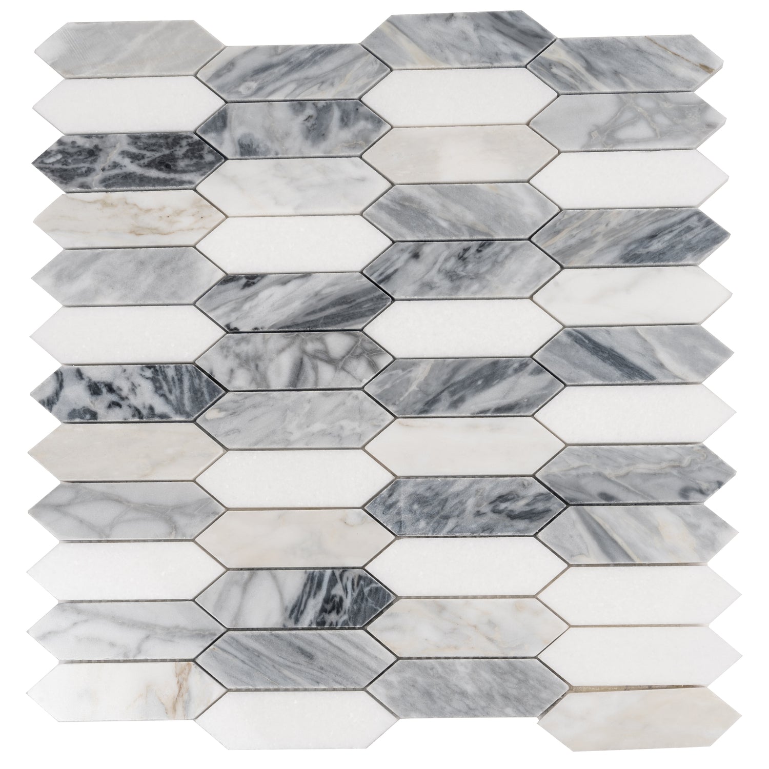 Calacatta Bluette and Thassos White 12x12 polished picket mosaic tile with varied gray and white marble patterns