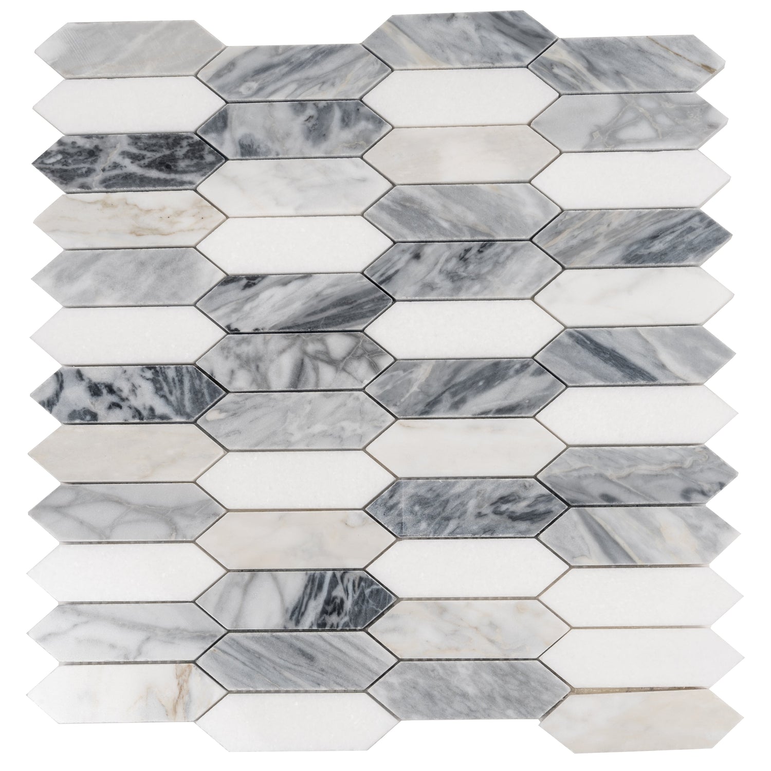 Sample - Calacatta Bluette, Thassos White 12x12 Polished Picket Mosaic Tile (4.91 sq ft/case, 5-Pack)