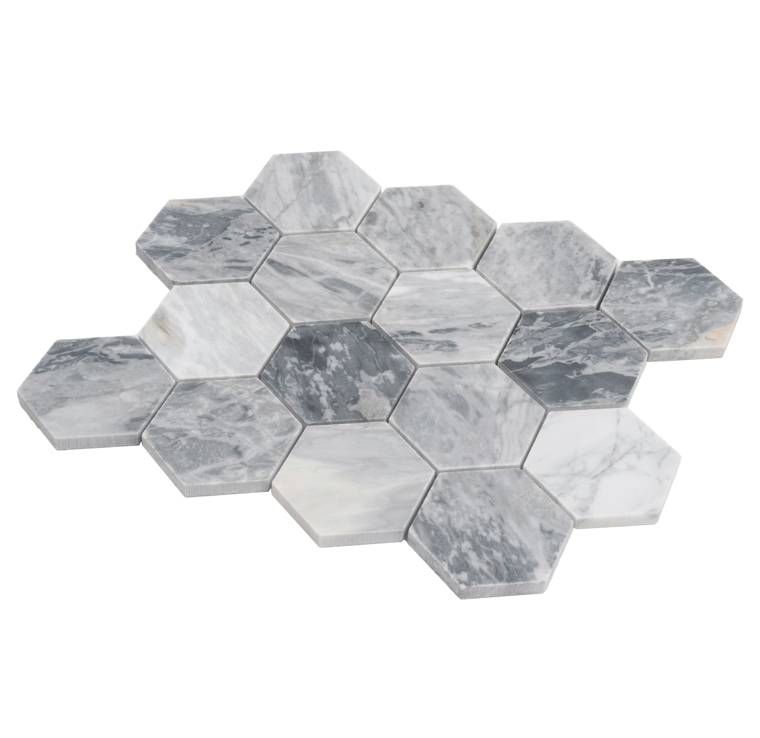 Light gray honed Calacatta Bluette hexagon mosaic tiles with marble veining