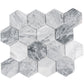 Light gray honed Calacatta Bluette hexagon mosaic tiles with natural marble veining