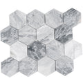 Light gray honed Calacatta Bluette hexagon mosaic tiles with natural marble veining