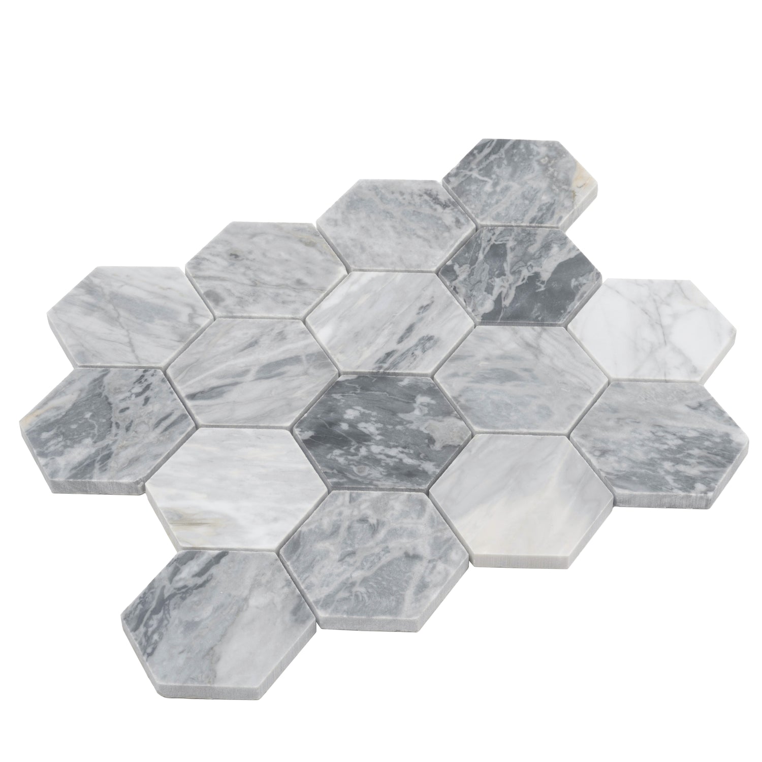 Light gray honed Calacatta Bluette hexagon mosaic tile with natural marble veining
