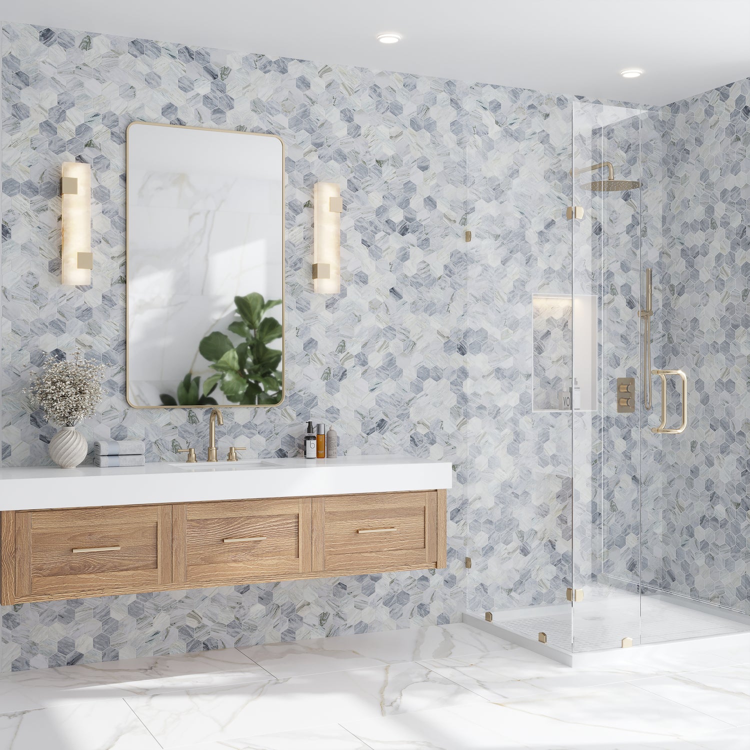 Light Gray 12x10 Honed Calacatta Bluette Hexagon Mosaic Tile (4.38 sq ft/case, 5-Pack)