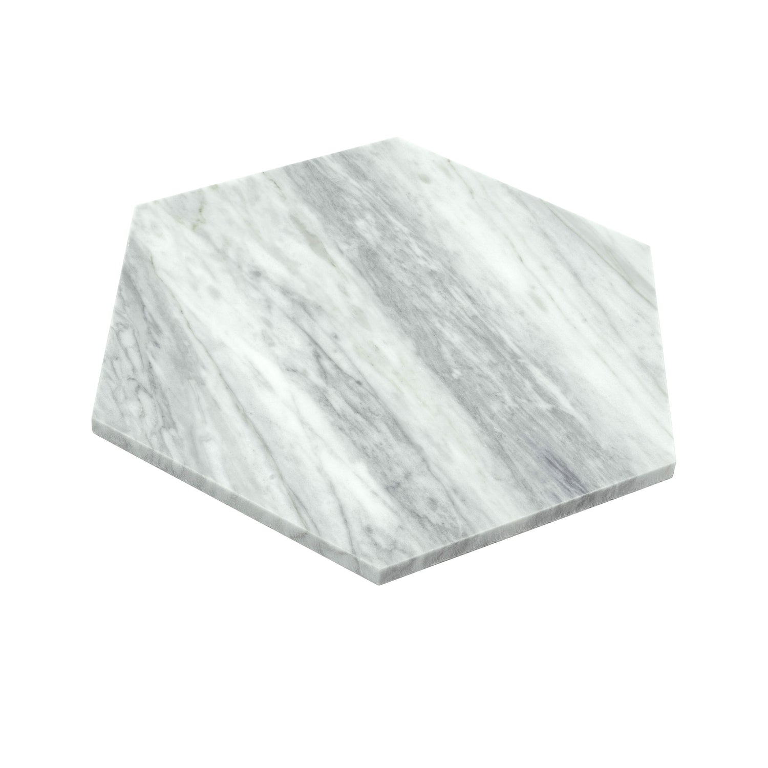 Light gray honed Calacatta Bluette hexagon marble tile with soft veining, 10x10 inch, polished finish