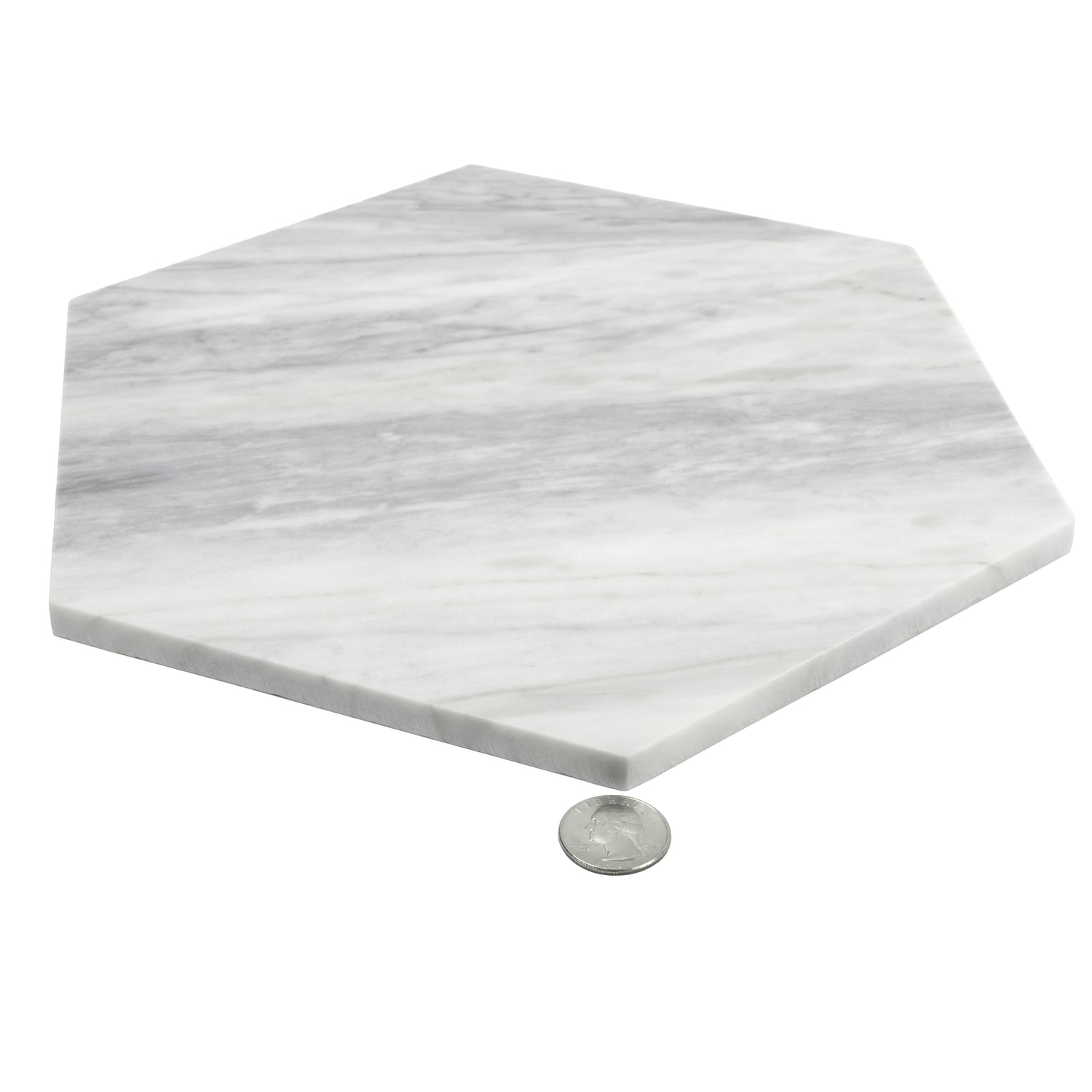 Light gray honed Calacatta Bluette marble hexagon tile with subtle veining and smooth finish