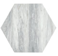 Light gray honed Calacatta Bluette hexagon tile with marble veining 10x10 inches