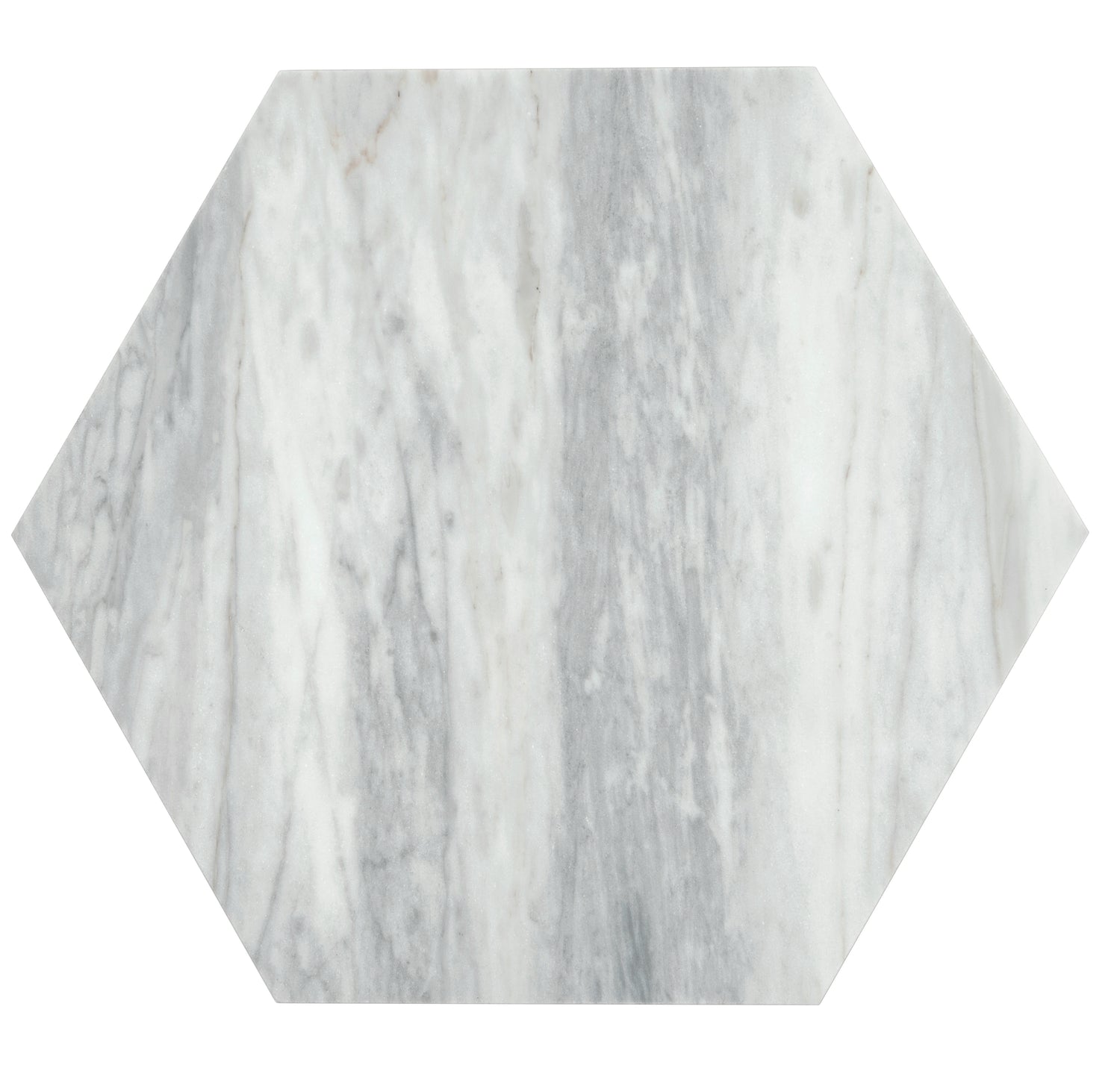 Light gray honed Calacatta Bluette hexagon tile with marble veining 10x10 inches