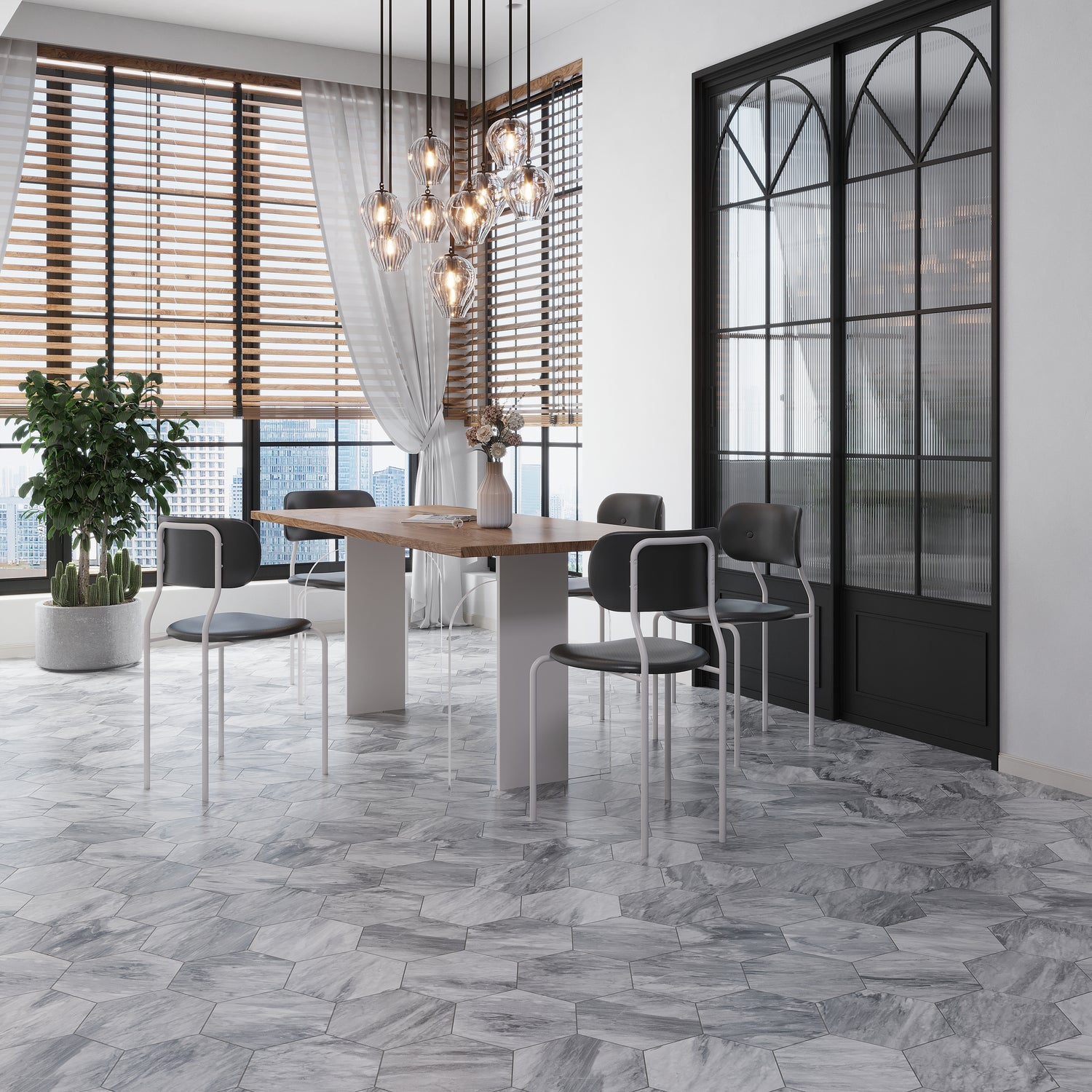 Light gray 10x10 honed Calacatta Bluette marble hexagon tiles flooring in modern room