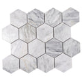 Light gray polished Calacatta Bluette hexagon mosaic tile with natural marble veining