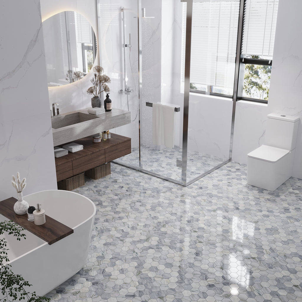 Sample - Light Gray 12x10 Polished Calacatta Bluette Hexagon Mosaic Tile (4.38 sq ft/case, 5-Pack)