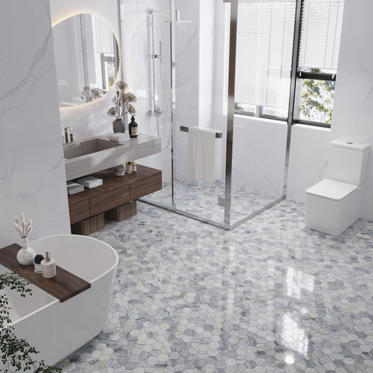 Sample-Light Gray 12x10 Polished Calacatta Bluette Hexagon Mosaic Tile (4.38 sq ft/case, 5-Pack)
