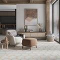 Cloud gray matte hexagon porcelain tile with brown trim on floor in living area