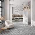 Matte gray porcelain hexagon floor tile with dark gray rims for indoor use