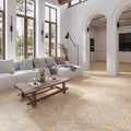 Matte oak wash and gray hexagon porcelain floor tile with wood and concrete look, 9x10 inches