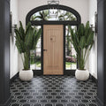 Black and white matte hexagon porcelain tile floor with marble texture, suitable for foyer or indoor flooring