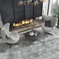 Slate gray hexagon matte porcelain tile floor with 9x10 inch size in a modern living room setting