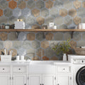 Burnt umber brown and gray hexagon porcelain tile with matte finish, 9x10 inches, backsplash tile