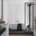 White matte porcelain 12x24 tiles on bathroom wall and shower with textured feature panel