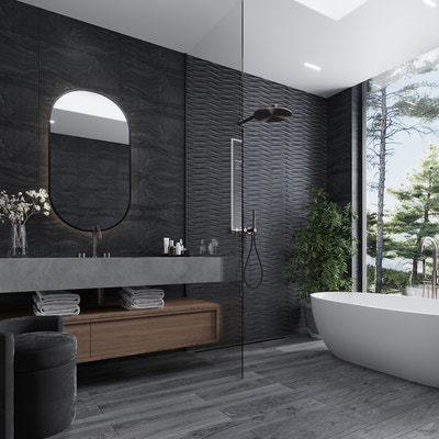 Coal black 12x24 matte porcelain wall and floor tiles in bathroom shower and floor