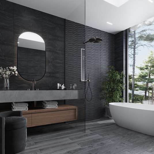 Coal black 12x24 matte porcelain wall and floor tiles in bathroom shower and floor