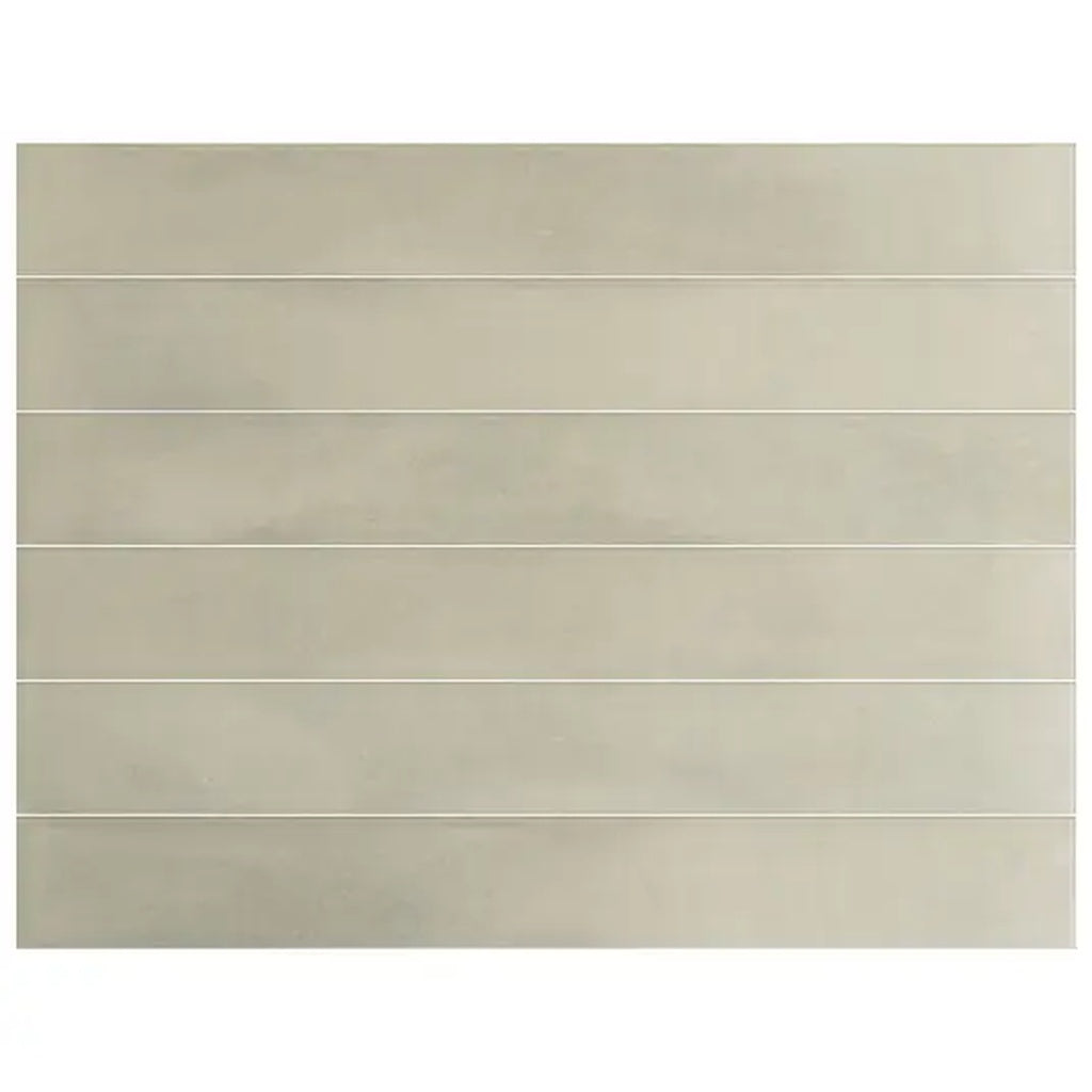 Agave green 2x16 matte porcelain elongated subway tile arranged in horizontal rows