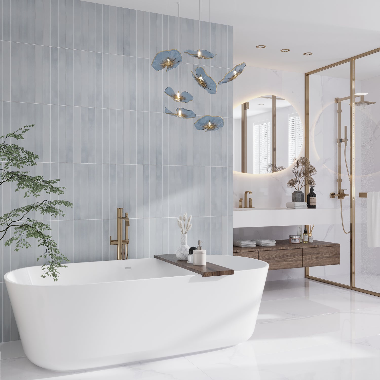 matte porcelain elongated subway tiles in taupe blue 2x16 size arranged vertically on wall