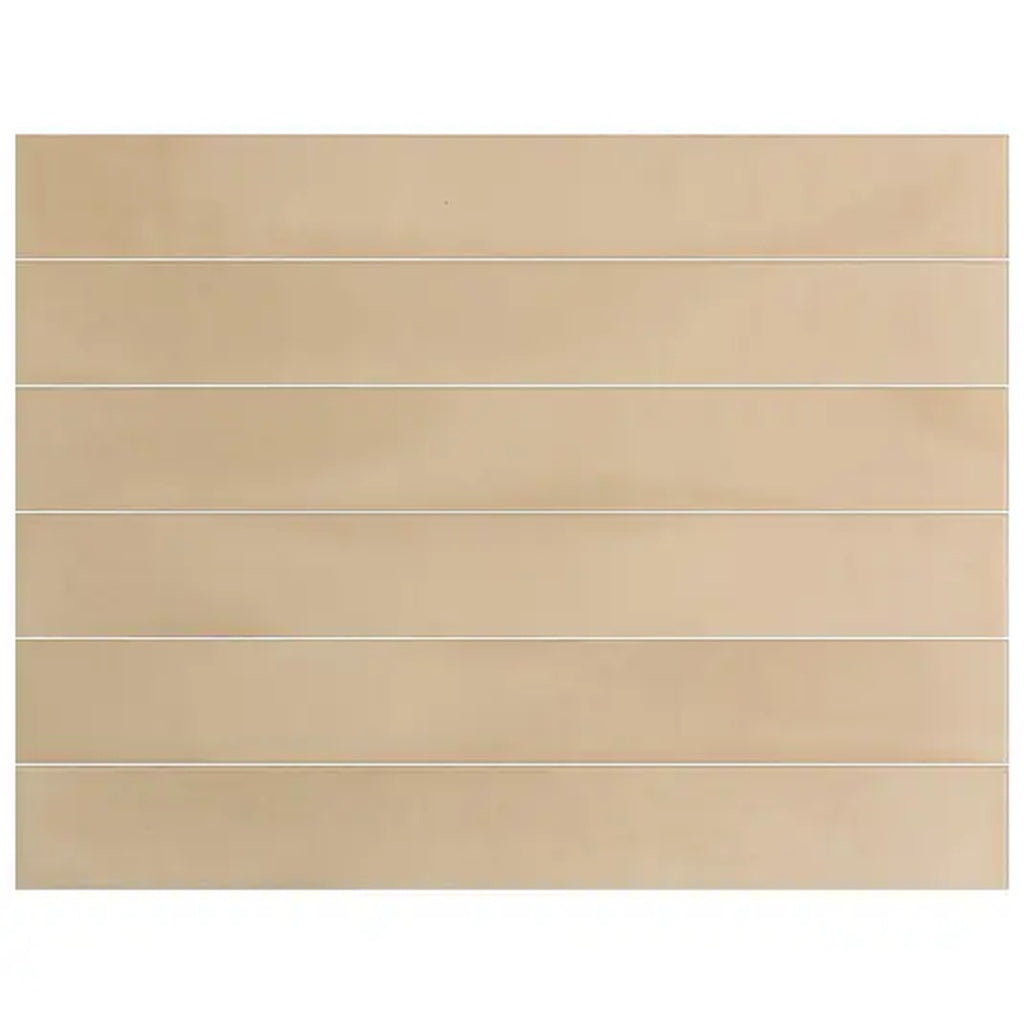 Clay beige 2x16 matte porcelain elongated subway tiles in horizontal layout