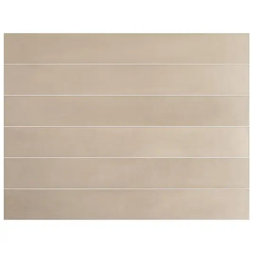 Warm greige 2x16 matte porcelain elongated subway tiles arranged horizontally