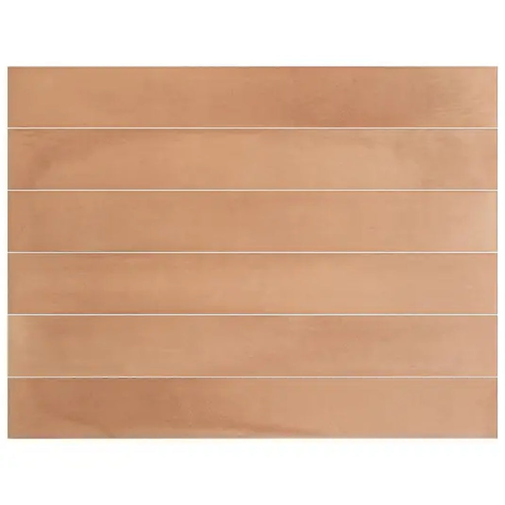 Matte sunbaked terracotta elongated subway tiles 2x16 inches arranged horizontally