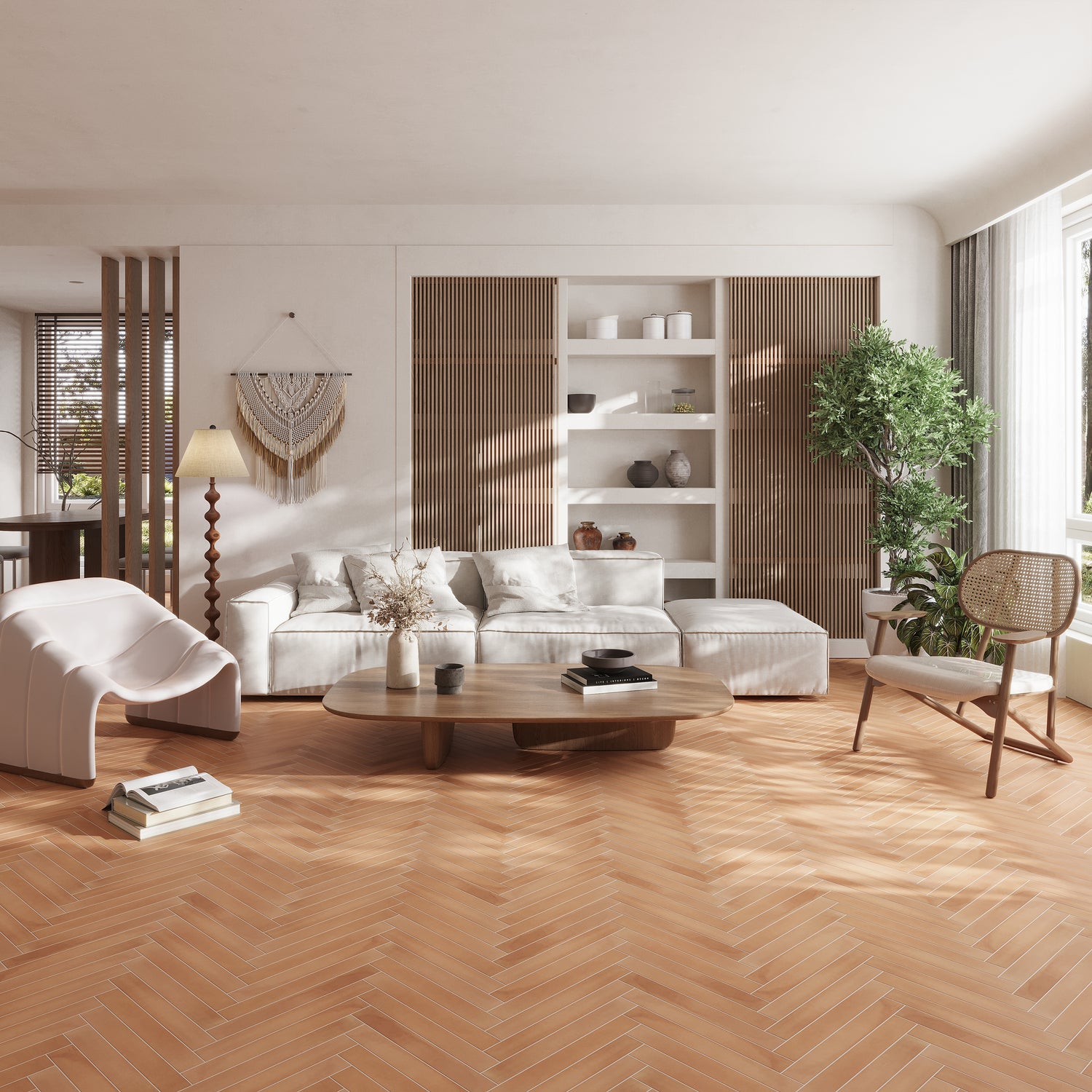 sunbaked terracotta 2x16 matte porcelain elongated subway tile flooring in herringbone pattern
