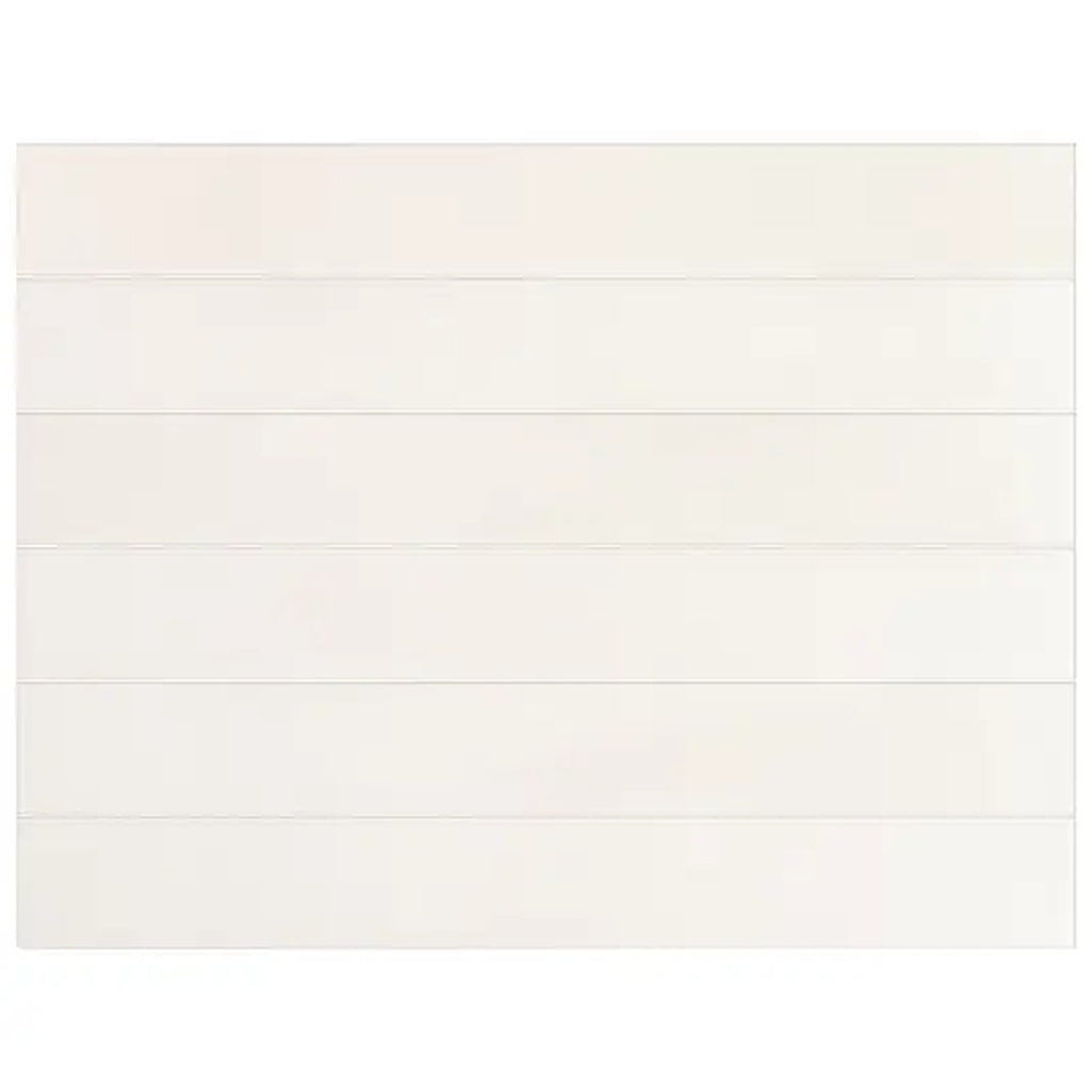 pure white 2x16 matte porcelain elongated subway wall tile in rectangular shape in a stacked layout