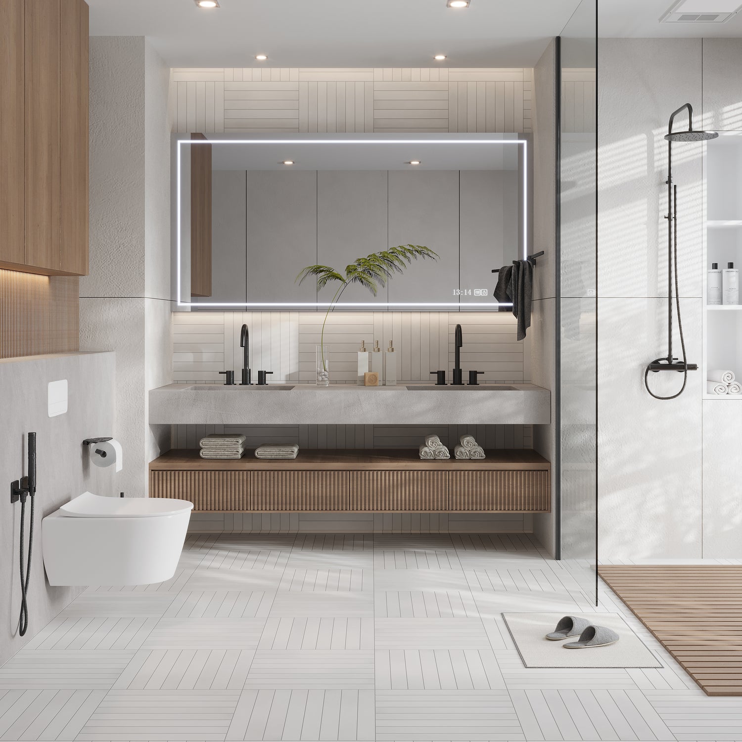 pure white 2x16 matte porcelain elongated subway tile installed in modern bathroom floor and wall