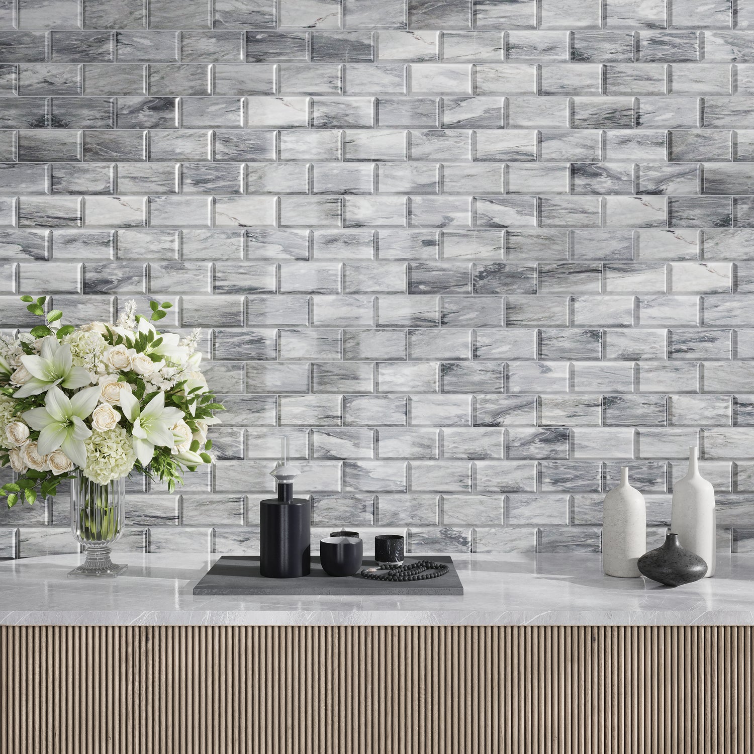 Gray 3x6 Polished Beveled Subway Bardiglio Nuvolato Marble Tile (40 pack, 5 sq ft/case)