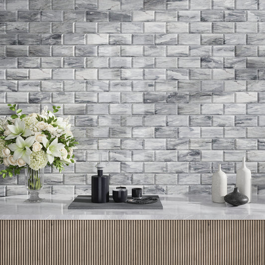 Gray 3x6 Polished Beveled Subway Marble Tile (40 pack, 5 sq ft/case) - Sample