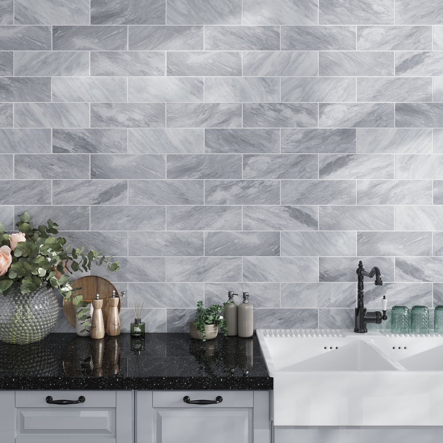 Gray 4x12 Honed Subway Bardiglio Nuvolato Marble Tile (15 pack, 5 sq ft/case)
