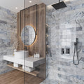 Gray polished Calacatta Bluette marble subway tiles 4x12 on bathroom shower and vanity wall